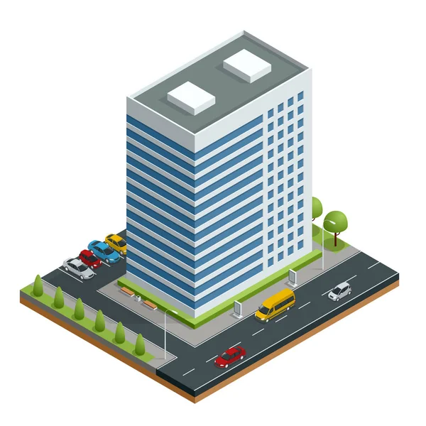 等尺性都市収容する建物と分離された道路ベクトル イラストで構成。都市要素建築、家、道路、交差点、信号機、車のコレクション — ストックベクタ