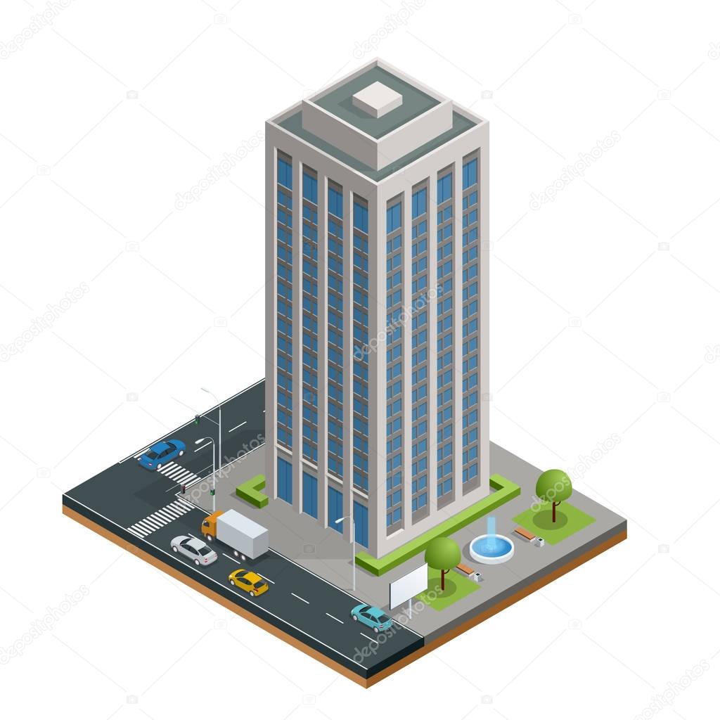Isometric city houses composition with building and road isolated vector illustration. Collection of urban elements architecture, home, road, intersection, traffic light and cars