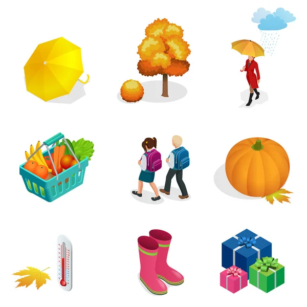 Ícone de outono isométrico e objetos definidos para abóbora design, termômetro, mulher com um guarda-chuva na chuva, crianças com mochilas escolares, árvore de outono, botas de borracha, cesta com legumes e frutas — Vetor de Stock