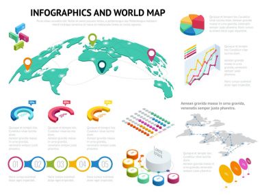 İzometrik Dünya Haritası ile infographics unsurları ayarlayın. Büyük kümesi ile veri simgeler, dünya harita harita ve tasarım öğeleri iş sunumları ve raporları vektör çizim için Infographics of