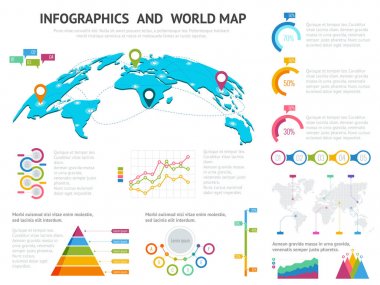 Dünya harita infographics öğeleri kümesi ile. Büyük kümesi ile veri simgeler, dünya harita harita ve tasarım öğeleri iş sunumları ve raporları vektör çizim için Infographics of