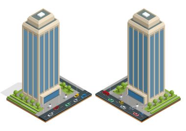 İzometrik şehir bina ve izole yol vektör çizim kompozisyonu ev sahipliği yapmaktadır. Kentsel öğeleri mimarisi, ev, yol, kavşak, trafik ışığı ve araba koleksiyonu