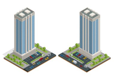 İzometrik şehir bina ve izole yol vektör çizim kompozisyonu ev sahipliği yapmaktadır. Kentsel öğeleri mimarisi, ev, yol, kavşak, trafik ışığı ve araba koleksiyonu
