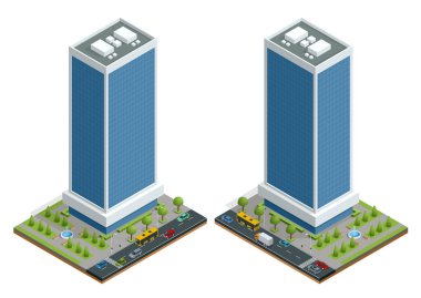 İzometrik şehir bina ve izole yol vektör çizim kompozisyonu ev sahipliği yapmaktadır. Kentsel öğeleri mimarisi, ev, yol, kavşak, trafik ışığı ve araba koleksiyonu