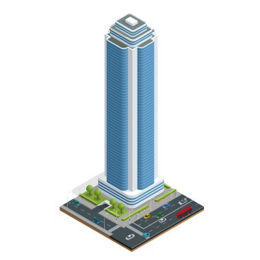 İzometrik şehir bina ve izole yol vektör çizim kompozisyonu ev sahipliği yapmaktadır. Kentsel öğeleri mimarisi, ev, yol, kavşak, trafik ışığı ve araba koleksiyonu
