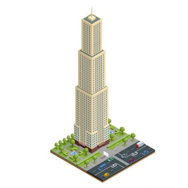 İzometrik şehir bina ve izole yol vektör çizim kompozisyonu ev sahipliği yapmaktadır. Kentsel öğeleri mimarisi, ev, yol, kavşak, trafik ışığı ve araba koleksiyonu