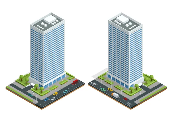 Isometrisk stad hus komposition med byggnaden och road isolerade vektorillustration. Samling av urban element arkitektur, hem, road, korsningen, trafikljus och bilar — Stock vektor