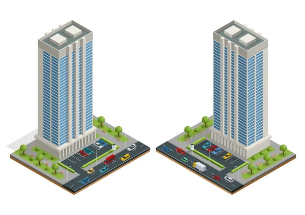 Orașul izometric găzduiește compoziția cu ilustrație vectorială izolată și rutieră. Colecție de elemente urbane arhitectură, casă, drum, intersecție, semafor și mașini — Vector de stoc