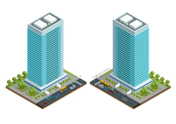 Città isometrica ospita composizione con costruzione e strada isolata illustrazione vettoriale. Raccolta di elementi urbani architettura, casa, strada, incrocio, semaforo e auto — Vettoriale Stock