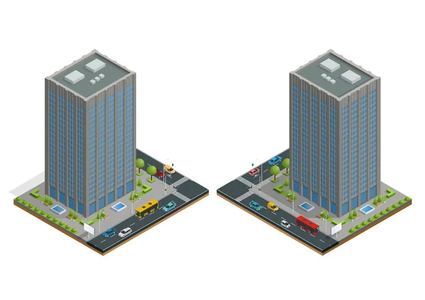 Isometrisk stad hus komposition med byggnaden och road isolerade vektorillustration. Samling av urban element arkitektur, hem, road, korsningen, trafikljus och bilar — Stock vektor