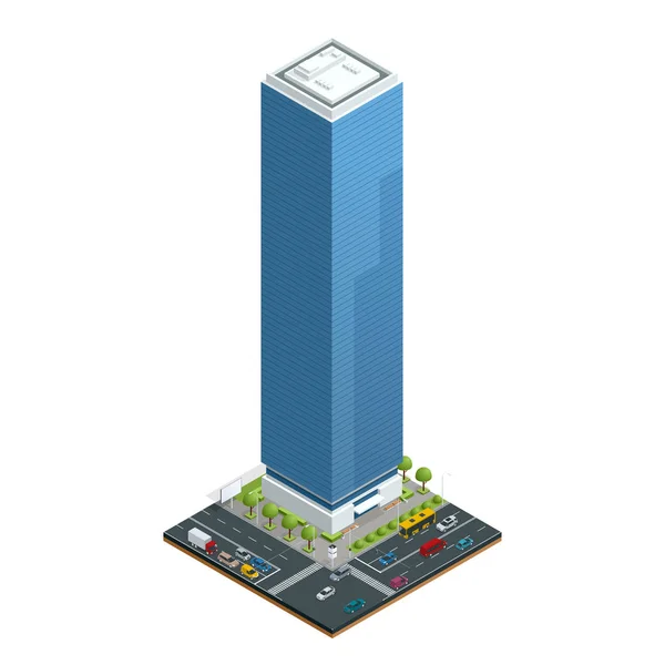Isometric city houses composition with building and road isolated vector illustration. Collection of urban elements architecture, home, road, intersection, traffic light and cars
