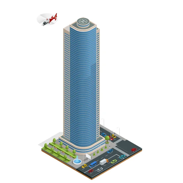 Isometrische wolkenkrabber met helikopterplatform op het dak compositie bij gebouw en weg geïsoleerd vectorillustratie collectie van stedelijke elementen architectuur, home, road, kruispunt, verkeerslichten, auto 's — Stockvector