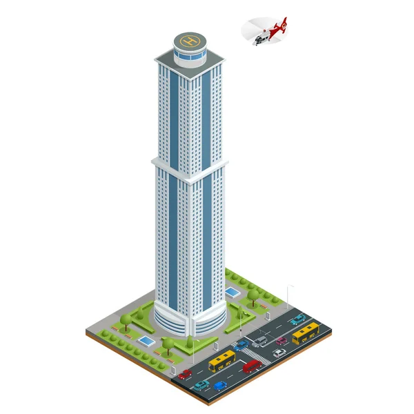 Ισομετρική ουρανοξύστης διαθέτει ελικοδρόμιο για τη σύνθεση στέγη κτιρίου με δρόμο απομονωμένη εικονογράφηση φορέα συλλογής αστικών στοιχείων αρχιτεκτονικής, σπίτι, δρόμος, διασταύρωση, Φανάρι, αυτοκίνητα — Διανυσματικό Αρχείο