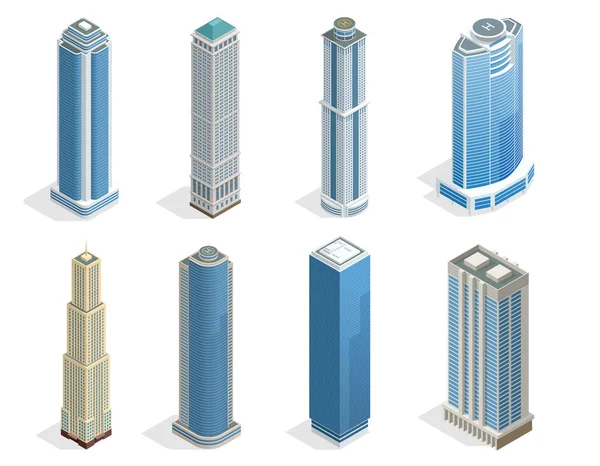 Edificios y casas modernas de la ciudad en 50-70 pisos planos iconos vectoriales aislados. Proyección isométrica de casas tridimensionales, edificios para proyectos web, presentaciones de negocios, infografías, juegos — Vector de stock