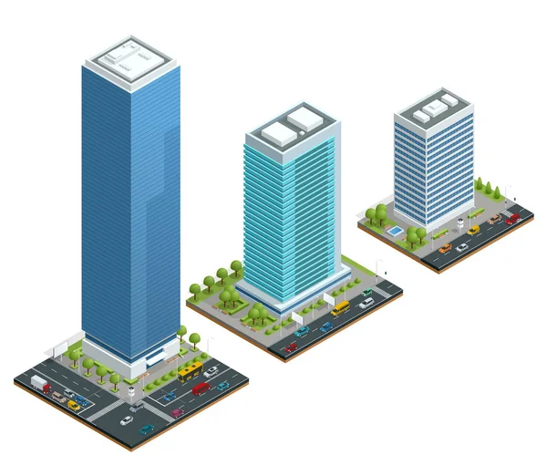 Set izometric de compoziție a caselor orașului cu ilustrație vectorială izolată și rutieră. Colecție de elemente urbane arhitectură, casă, drum, intersecție, semafor și mașini — Vector de stoc