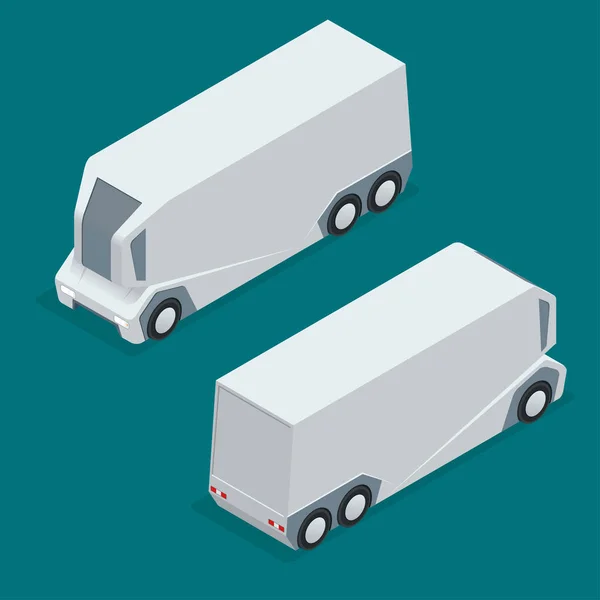 Isometric an unmanned truck on the remote control. Automatic delivery system concept. Self-driving van isolated for web projects, business presentations, infographics and game — Stock Vector