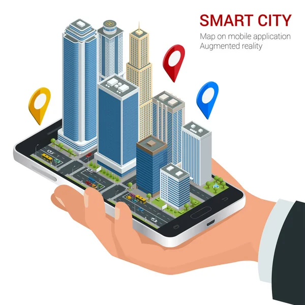 Isometrisk Smart City-konceptet. Mobil GPS-navigering och spårning koncept. Hand som håller smartphone med city karta sökvägen och platsen som märke på skärmen. — Stock vektor