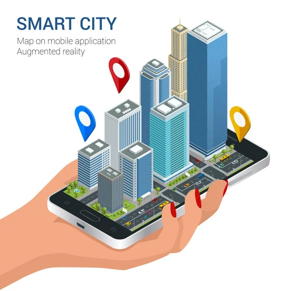 Koncepcja izometryczny Smart City. Mobilnych gps Nawigacja i śledzenie koncepcja. Ręka trzyma smartphone z miasta mapę ścieżki i położenie znaku na ekranie. — Wektor stockowy