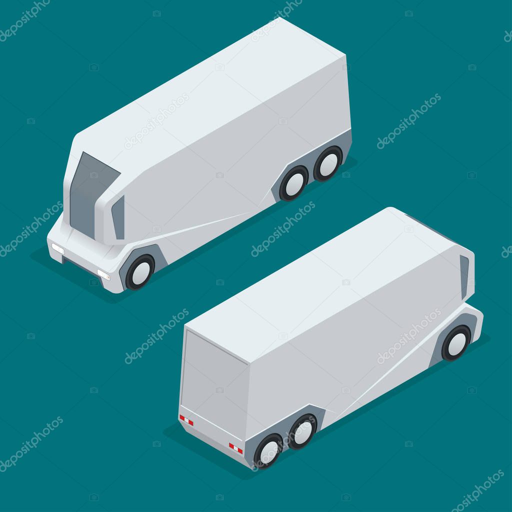 Isometric an unmanned truck on the remote control. Automatic delivery system concept. Self-driving van isolated for web projects, business presentations, infographics and game