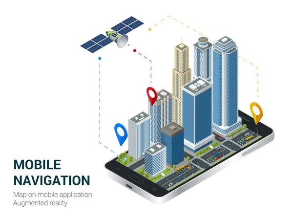 Isometrisk Smart City eller mobil navigering-konceptet. Mobil GPS-navigering och spårning koncept. Smartphone med city karta sökvägen och platsen som märke på skärmen. — Stock vektor