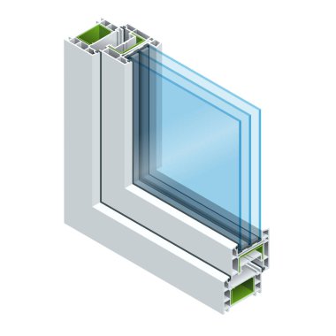 İzometrik kesit diyagramı çift camlı pencere bölmesinin Pvc profil ahşap tahıl, klasik beyaz lamine. Düz camlı pencereler kesit diyagramı gösterimi
