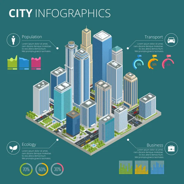 City Infographics. Ciudad vectorial isométrica con rascacielos, calles y vehículos, área comercial y comercial infografía con gráficos, iconos y diagramas . — Archivo Imágenes Vectoriales