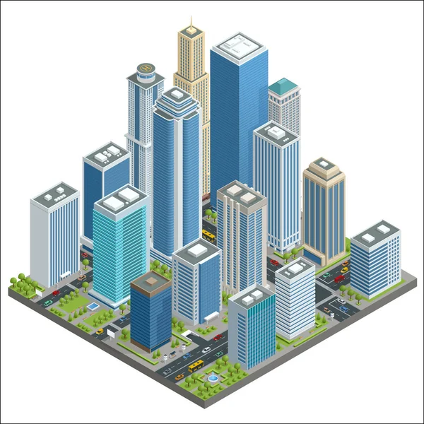 Carte isométrique vectorielle du centre-ville avec des gratte-ciel, des bureaux, des magasins, des rues, des véhicules, des zones commerciales et d'affaires utilisées pour la mise en page du flux de travail, le jeu, le diagramme, les options numériques, la conception Web et l'infographie — Image vectorielle