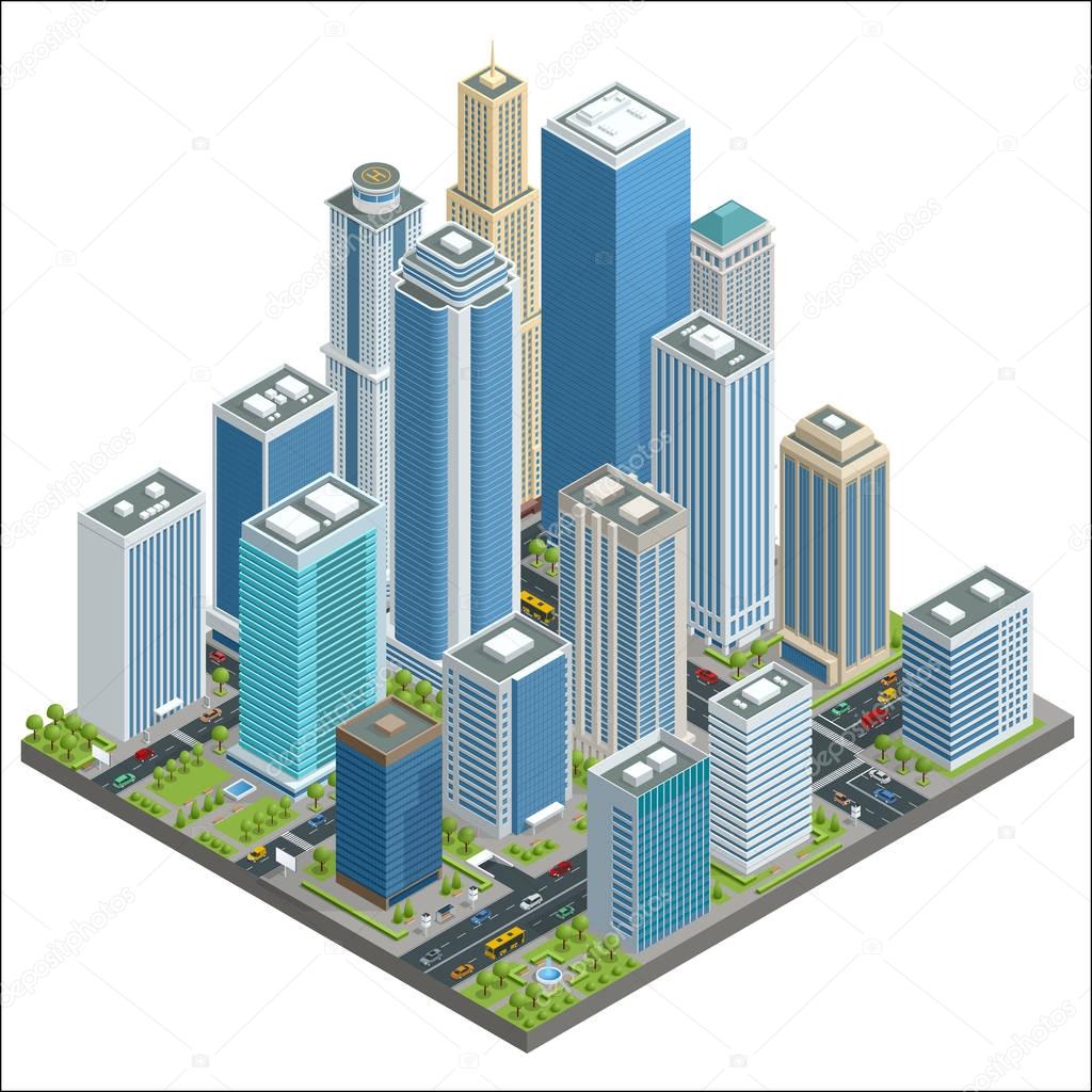 Vector isometric city center map with skyscrapers, offices, stores, streets, vehicles, commercial and business area used for workflow layout, game, diagram, number options, web design and infographics