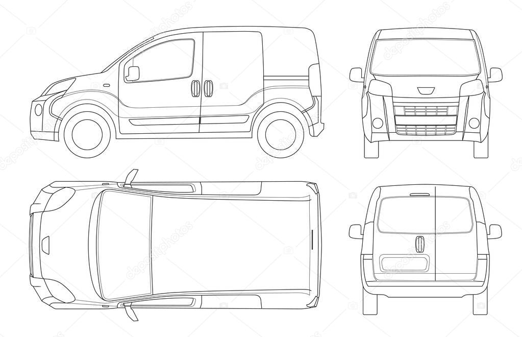 Small Van Car in lines. Isolated car, template for car branding and advertising. Front, rear , side, top and back. All elements in groups on separate layers.