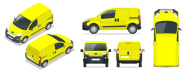 Küçük Van araba. İzole Araba, araba marka ve reklam için şablon. Ön, arka, yan, üst ve isometry ön ve arka. Tek bir tıklamayla rengini değiştirebilirsiniz. Grupta ayrı katmanlardaki tüm element.