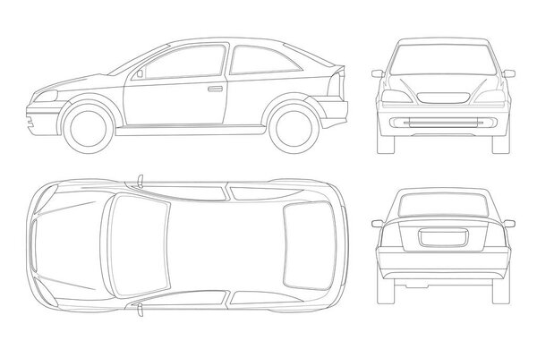 Sedan Car in lines. Isolated car, template for car branding and advertising. Front, rear , side, top and back. All elements in groups on separate layers.