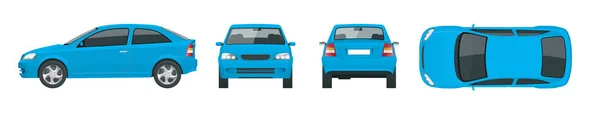 青いセダン車のセット。隔離された車、車ブランディングや広告用のテンプレート。フロント、リア、サイド、トップは、クリック 1 つで色を変更グループ別のレイヤー上のすべての要素 — ストックベクタ
