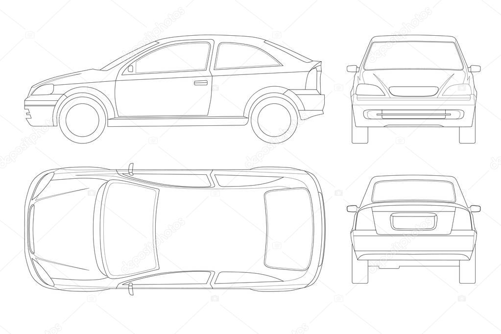 Sedan Car in lines. Isolated car, template for car branding and advertising. Front, rear , side, top and back. All elements in groups on separate layers.