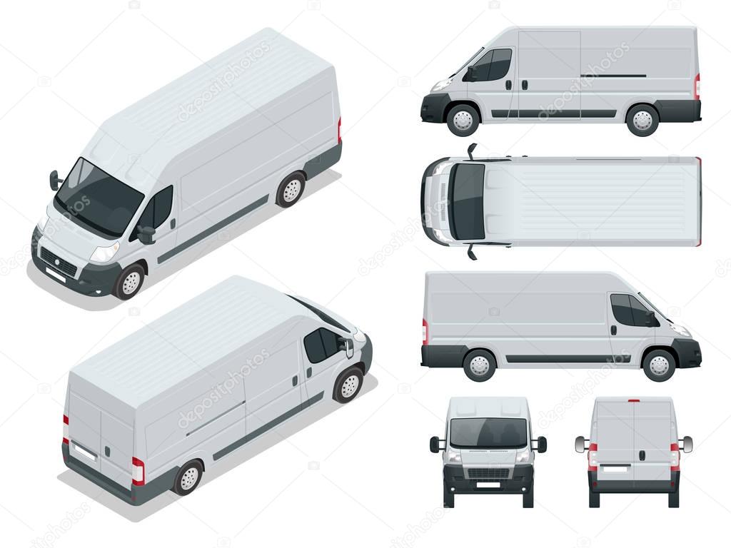 Commercial vehicle. Logistic car. Cargo minivan isolated on white background. Front, rear, side, top and isometry front and back Change the color in one click All elements in groups on separate layers