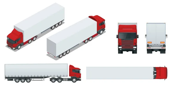 与集装箱卡车拖车。货物运输车。货物交付车辆模板矢量上白色视图前，后方，侧，顶部和等距的正面，背面孤立. — 图库矢量图片
