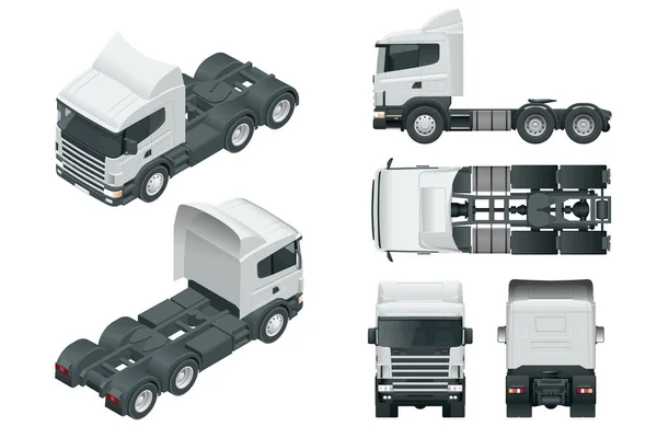 Traktör veya yarı römork kamyon kamyon. Görüntüle ön, arka, yan, ön, arka üst ve isometry... Araç şablonu vektör üzerinde beyaz izole teslim kargo — Stok Vektör