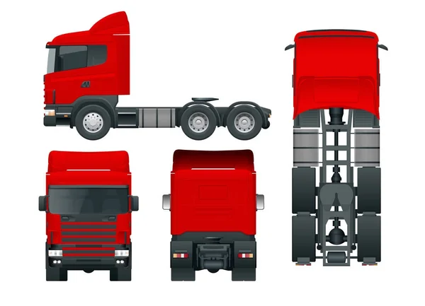 Lastbil traktor eller påhängsvagn lastbil. Cargo levererar fordonet mall vektor isolerade illustration Visa front, bakre, sida, topp. Bil för transport av gods. Ändra färg på ett klick. — Stock vektor