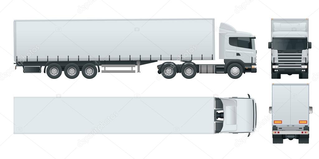 Truck trailer with container. Cargo delivering vehicle template vector isolated on white View front, rear, side, top. Car for the carriage of goods.