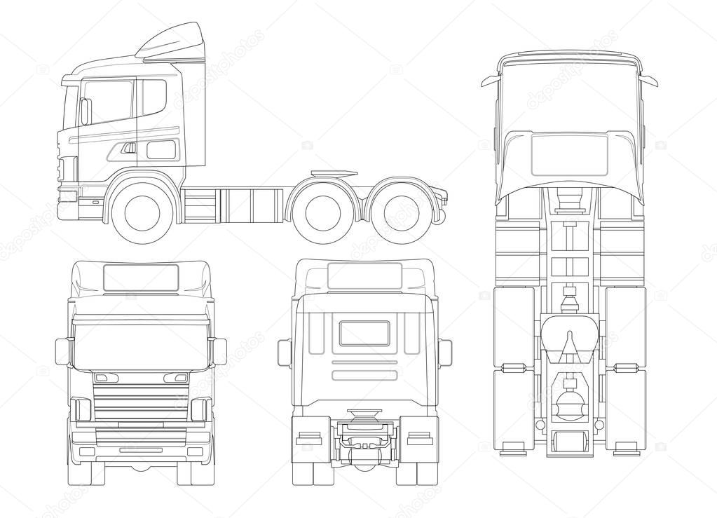Truck tractor or semi-trailer truck in outline Combination of a tractor unit and one or more semi-trailers to carry freight.