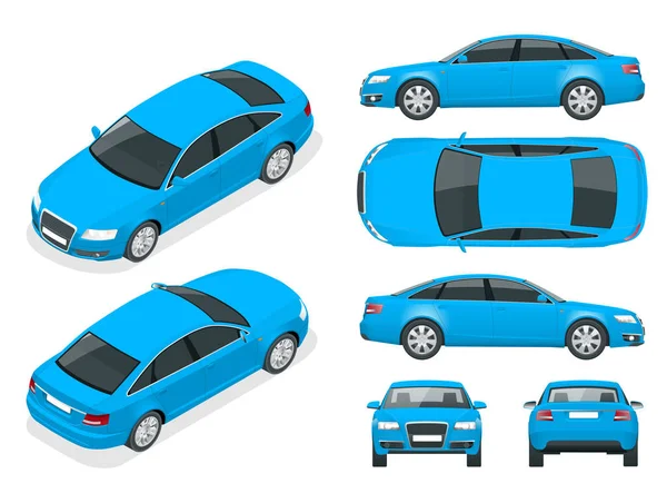 Sedan otomobil kümesi. İzole Araba, marka ve reklam için şablon. Ön, arka, yan, üst ve isometry ön ve geri grupları ayrı katmanlardaki tüm öğeler tek bir tıklamayla rengini değiştirmek — Stok Vektör