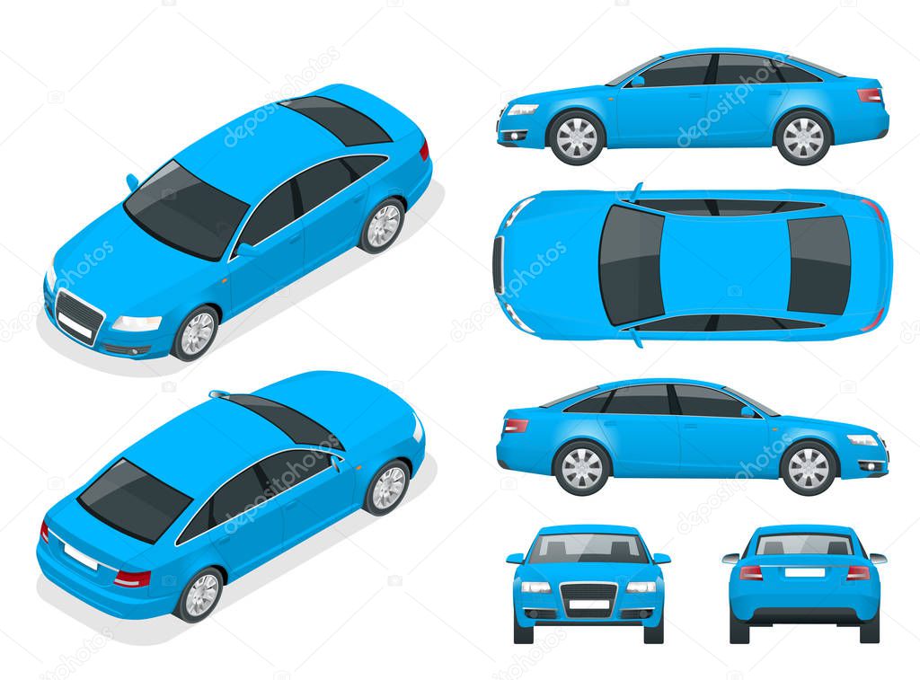 Set of Sedan Cars. Isolated car, template for branding and advertising. Front, rear , side, top and isometry front and back Change the color in one click All elements in groups on separate layers