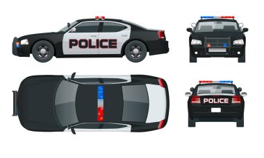Polis arabası yanıp sönen ışıklar, siren ve Amblemler çatı ile vektör. Şablon illüstrasyon izole. Ön, arka, yan, üst görüntüleyin. Tek bir tıklamayla renk değiştirme.