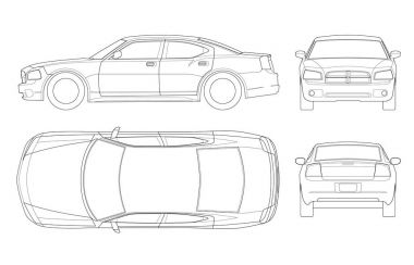 sedan car in outline. Business sedan vehicle template vector isolated on white. View front, rear, side, top. All elements in groups clipart