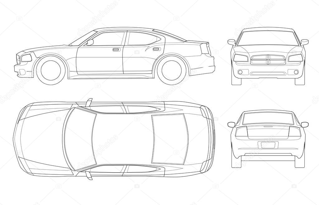 sedan car in outline. Business sedan vehicle template vector isolated on white. View front, rear, side, top. All elements in groups