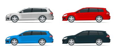 Vektör hatchback araba. Kompakt hibrid araç. Çevre dostu yüksek teknoloji otomatik. Kolay renk değişimi. Beyaz görünüm tarafında izole şablon vektör