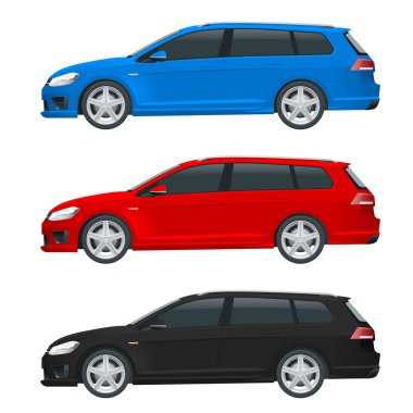 Vektör hatchback araba. Kompakt hibrid araç. Çevre dostu yüksek teknoloji otomatik. Kolay renk değişimi. Beyaz görünüm tarafında izole şablon vektör