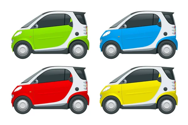 Petite voiture compacte vectorielle. Petit véhicule hybride compact. Eco-friendly high-tech auto. Changement de couleur facile. Modèle vecteur isolé sur blanc Côté vue — Image vectorielle