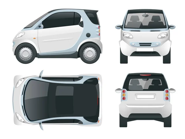 Vektor kompak mobil kecil. Kendaraan kecil Hybrid. Eco-ramah hi-tech auto. Perubahan warna yang mudah. Vektor template diisolasi di white View front, rear, side, top - Stok Vektor