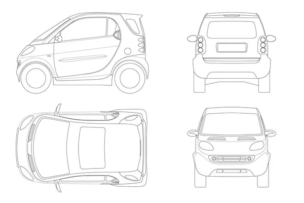 Vector compacto coche pequeño en el contorno. Vehículo híbrido compacto pequeño. Eco-friendly hi-tech auto. Fácil de cambiar el grosor de las líneas. Plantilla vector aislado en blanco Vista frontal, trasera, lateral, superior — Vector de stock