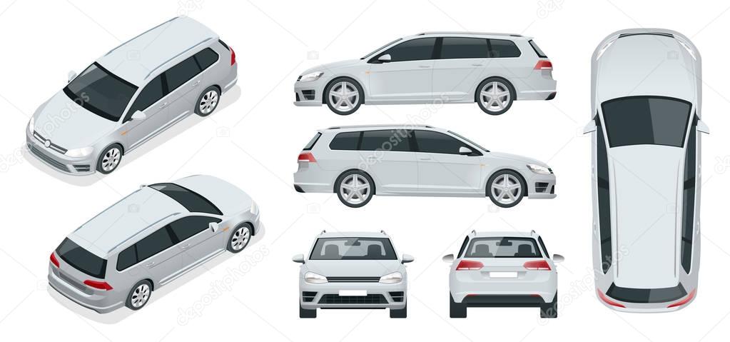 Vector hatchback car. Compact Hybrid Vehicle. Eco-friendly hi-tech auto. Easy color change. Template vector isolated on white View front, rear, side, top and isometric